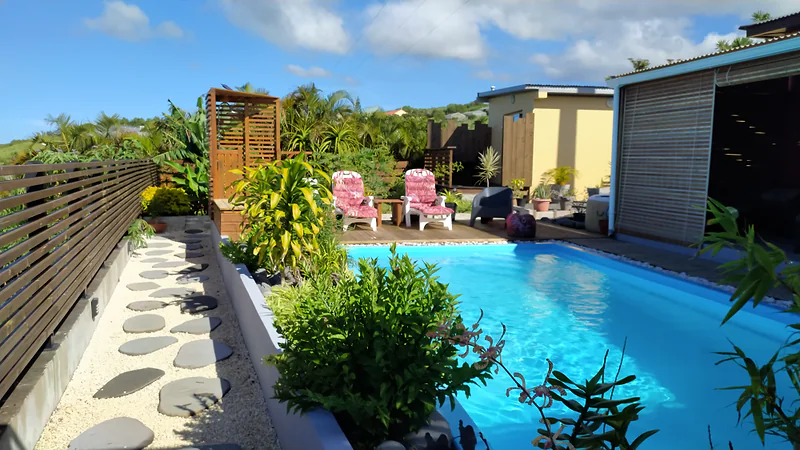 La piscine et les transats dans le jardin fleuri