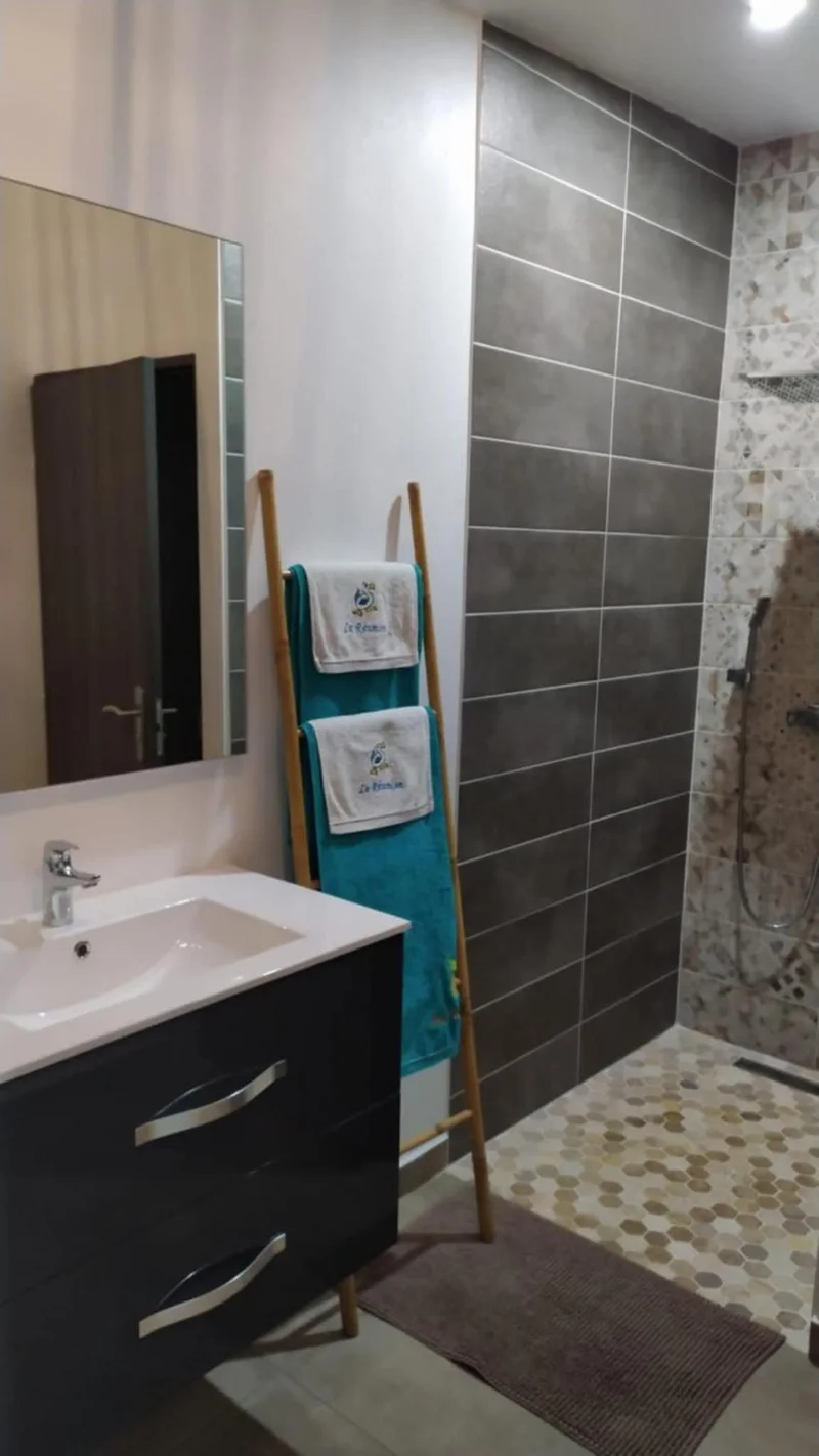 La salle de bain de la chambre Margouillat, sa vasque et sa douche carrelée